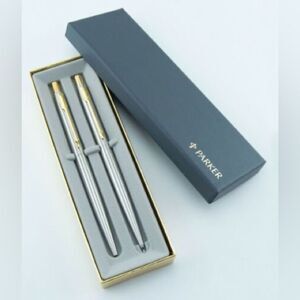 Vintage Parker Pen Pencil Set Stainless Steel Gold Trim Brass Refillable Classic